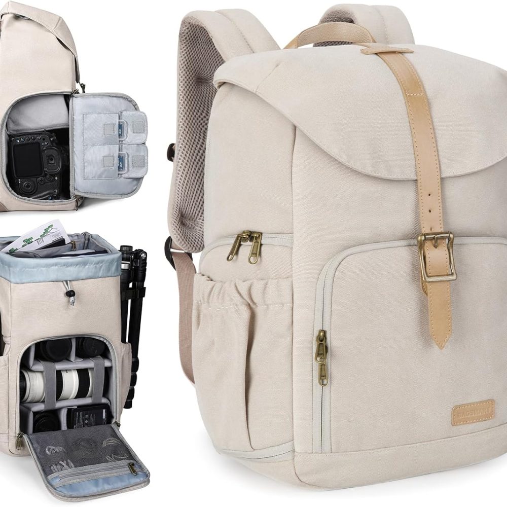 BAGSMART Camera Backpack, DSLR Camera Bag Backpacks for Photographers, Waterproof Anti-Theft Photography Backpack with 15 Inch Laptop Compartment & Tripod Holder, Ivory White