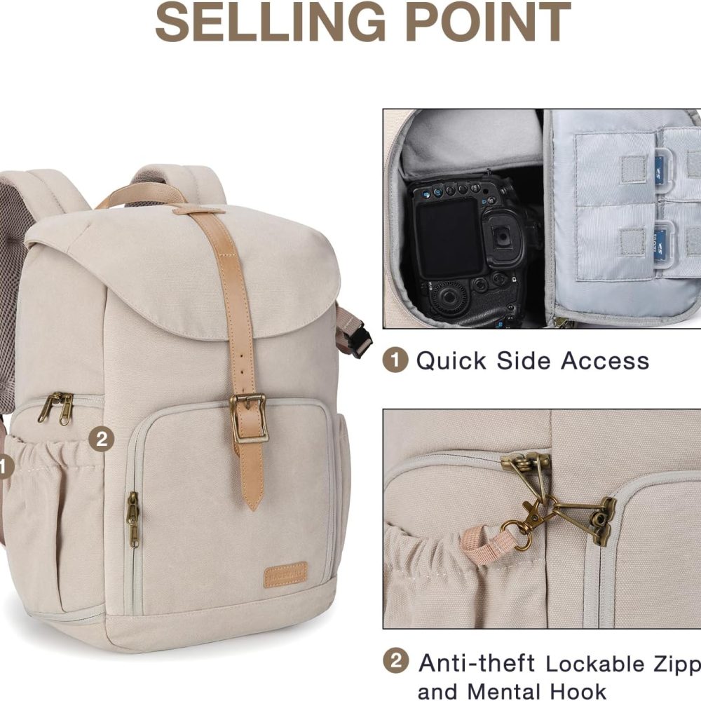 BAGSMART Camera Backpack, DSLR Camera Bag Backpacks for Photographers, Waterproof Anti-Theft Photography Backpack with 15 Inch Laptop Compartment & Tripod Holder, Ivory White - Image 4