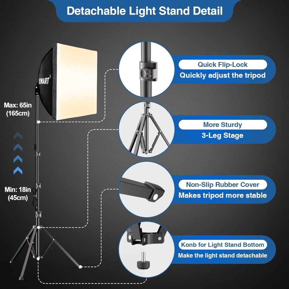 EMART Softbox Lighting Kit, 16"X16" Soft Box, 3000K-6000K 85W LED Bulbs with Remote, 65" Tripod, Professional Softbox Photography Lighting Kit for Studio Lights, Portrait, Video Recording(1PACK) - Image 3