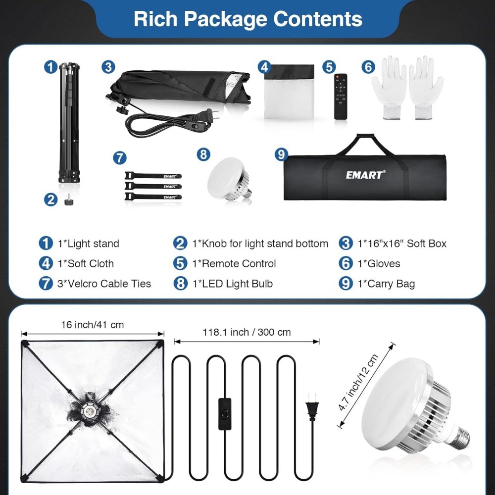 EMART Softbox Lighting Kit, 16"X16" Soft Box, 3000K-6000K 85W LED Bulbs with Remote, 65" Tripod, Professional Softbox Photography Lighting Kit for Studio Lights, Portrait, Video Recording(1PACK) - Image 8